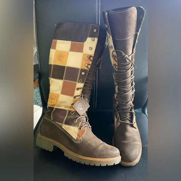 Timberland Patchwork Knee-High Leather Boots Size 11 - Picture 2 of 16